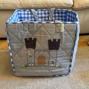 Win Green Gray Quilted Castle Storage Bin with blue gingham trim & interior